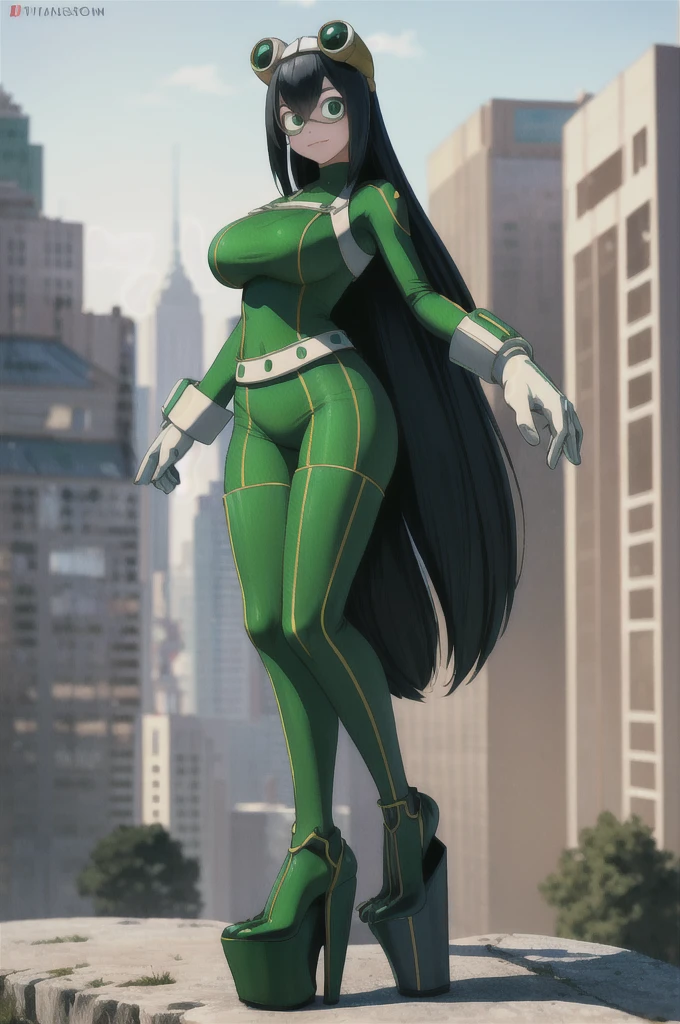 (masterpiece, best quality;1.3), extremely detailed ,ultra detailed, 1girl, solo,  looking at viewer,detailed skin,  crawling, full body, standing, asui tsuyu, low-tied long hair, :p,white gloves, green bodysuit, hair rings,goggles, city, extra large breasts, visible feet, tall open-toe platform high heels