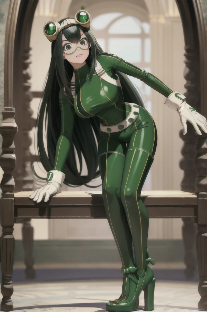 (masterpiece, best quality;1.3), extremely detailed ,ultra detailed, 1girl, solo,  looking at viewer,detailed skin,  crawling, full body, standing, asui tsuyu, low-tied long hair, :p,white gloves, green bodysuit, hair rings,goggles, city, extra large breasts, visible feet, tall open-toe platform high heels