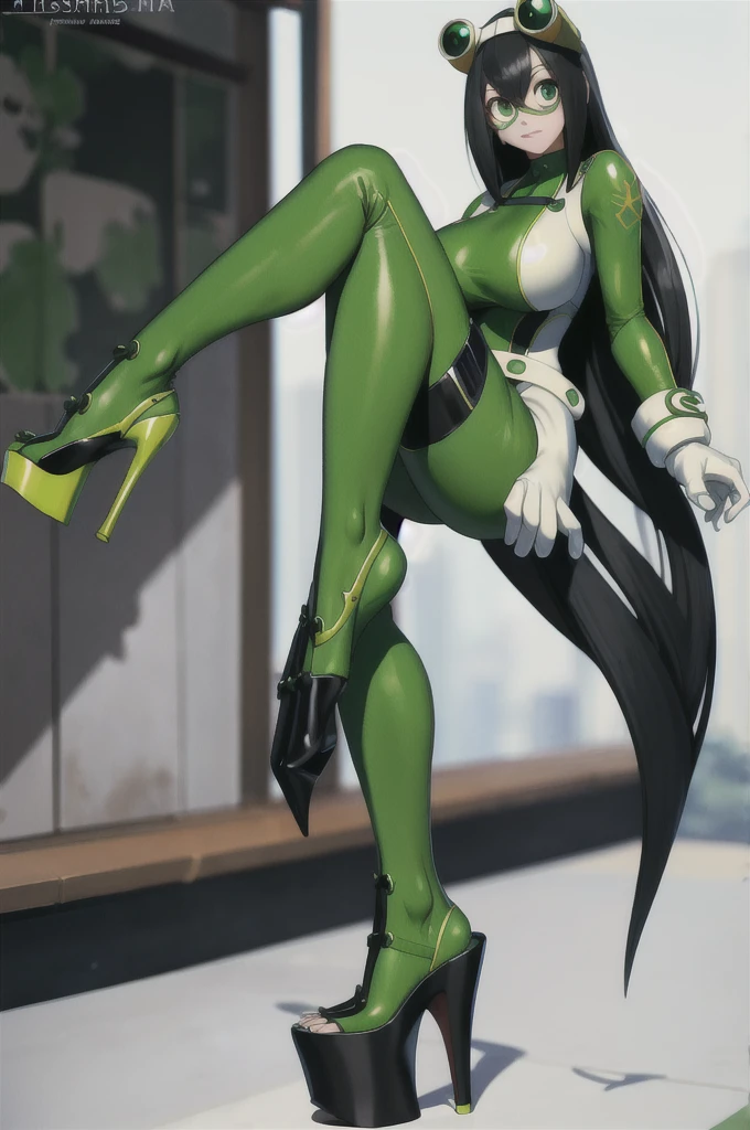 (masterpiece, best quality;1.3), extremely detailed ,ultra detailed, 1girl, solo, looking at viewer,detailed skin, crawling, full body, standing, asui tsuyu, low-tied long hair, :p,white gloves, green bodysuit, hair rings,goggles, city, extra large breasts, visible feet, tall open-toe platform high heels