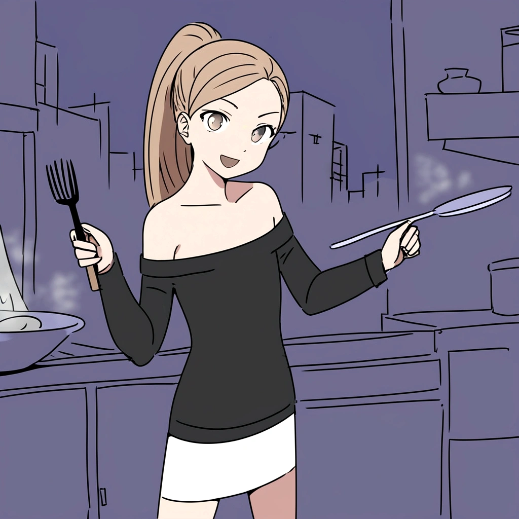 masterpiece , top quality , color , lineart , one girl , solo , 20 years old , flat chest , ponytail , light brown hair , black cardigan , black tube top , long white skirt , smirk , stand up , cooking , open eyes , open mouth , simple backqround ,City at night