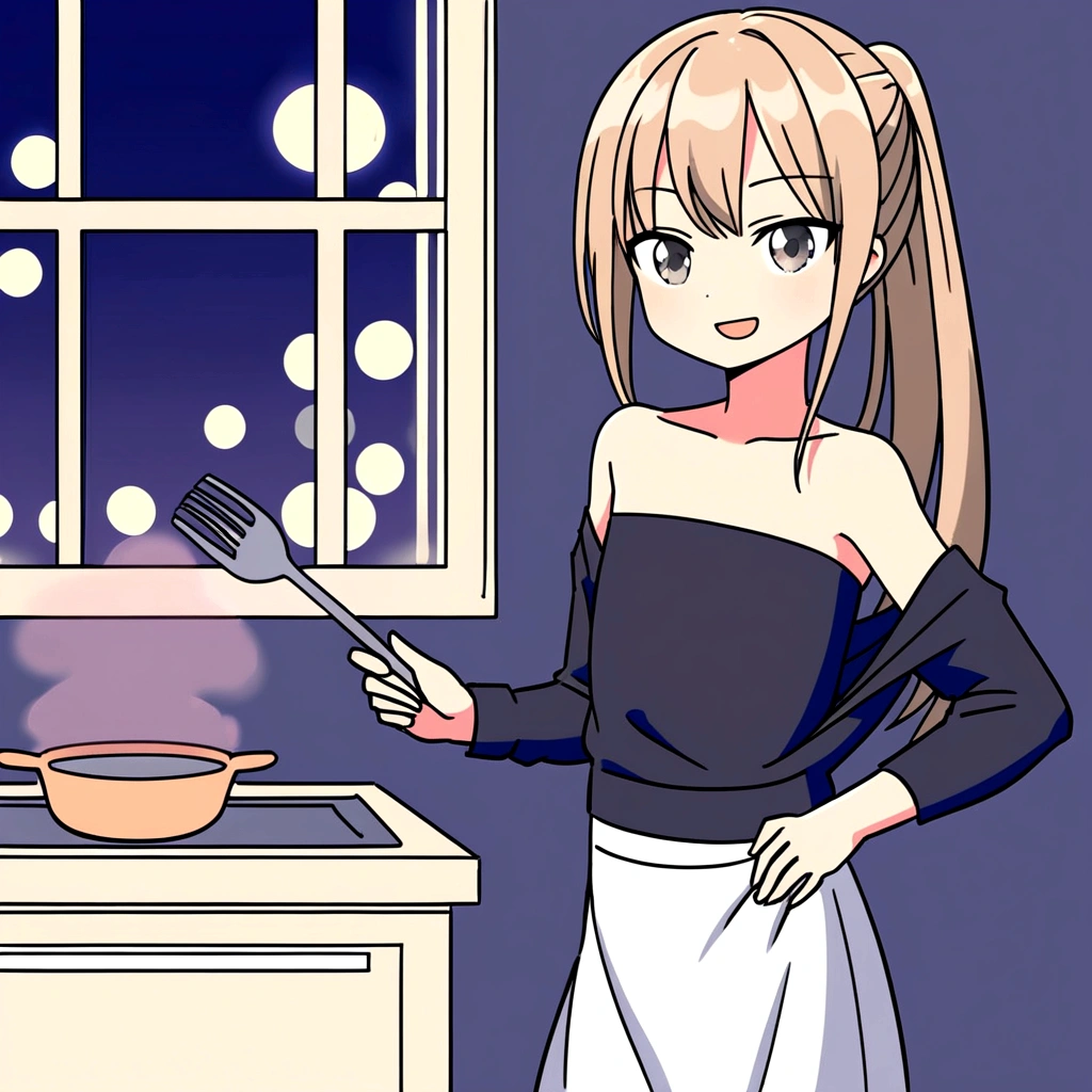 masterpiece , top quality , color , lineart , one girl , solo , 20 years old , flat chest , ponytail , light brown hair , black cardigan , black tube top , long white skirt , smirk , stand up , cooking , open eyes , open mouth , simple backqround ,City at night