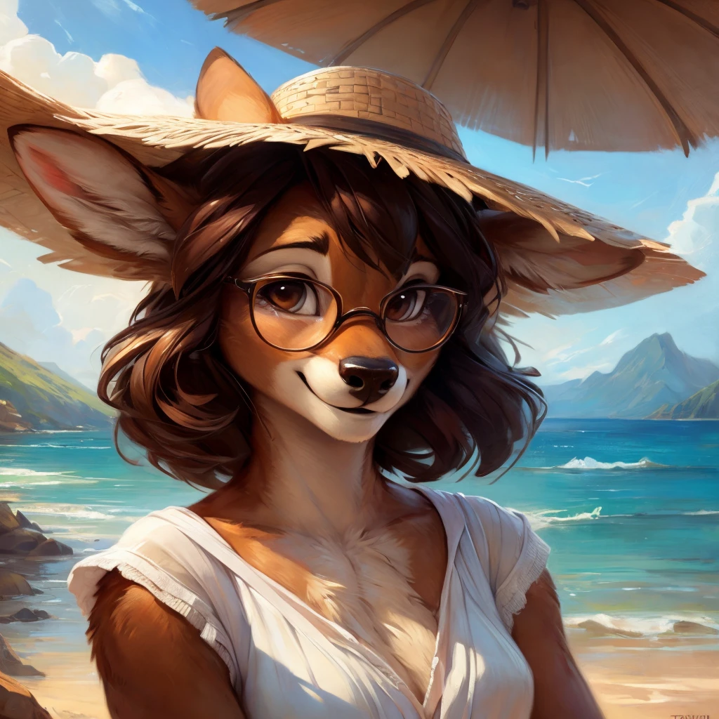 uploaded on e621, by Pixelsketcher, by Bayard Wu, by Thomas Benjamin Kennington , by Einshelm, by hioshiru and kenket, Chunie, portrait, solo anthro female deer doe, with small featureless breasts, clear dark blue, cinematic lighting, day, sunny day, beach, stays in the sea, sea background, mediterranean background, horizon background, shiny, short curly dark brown hair, wears big black nerd glasses, very very beautiful furry art, furry art, smiling, joyful, shiny, happy, feminine, cute face, muzzle, fluffy chest, flawless face, Fallow deer, 1girl, Sakimichan is beautiful, Masterpiece, Wavethesallow Face, shiny, Detailed image, portrait, Detailed image, portrait, full body, wearing wide, long, white blouse, wearing big and wide beige summer straw hat, shiny, realistic face, perfect anatomy, hourglass body, (furry body:1.1), anthropomorphic deer, looks at the viewer, small fluffy tail, detailed background, (cute anatomy:1.1), windy, smiling, very happy, happy