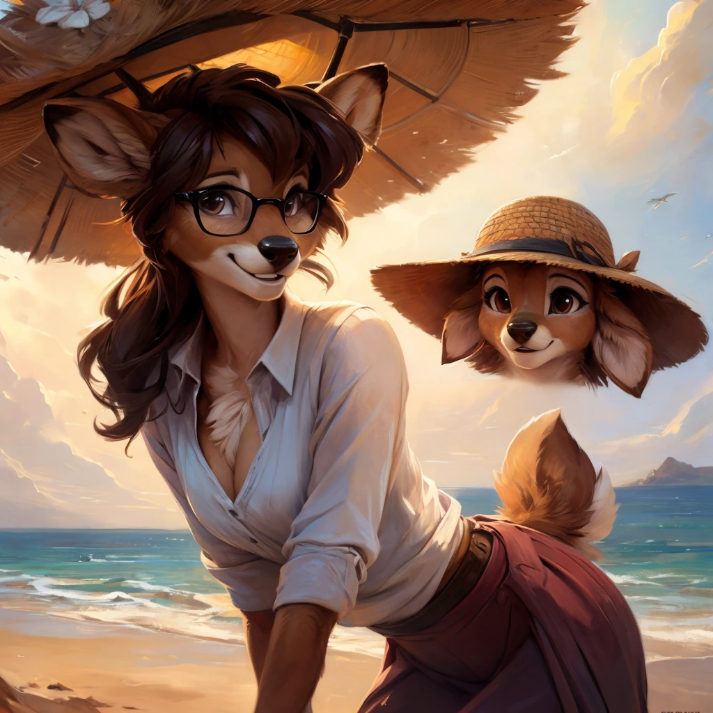 uploaded on e621, by Pixelsketcher, by Bayard Wu, by Thomas Benjamin Kennington , by Einshelm, by hioshiru and kenket, Chunie, portrait, solo anthro female deer doe, with small featureless breasts, clear dark blue, cinematic lighting, day, sunny day, beach, stays in the sea, sea background, mediterranean background, horizon background, shiny, short curly dark brown hair, wears big black nerd glasses, very very beautiful furry art, furry art, smiling, joyful, shiny, happy, feminine, cute face, muzzle, fluffy chest, flawless face, Fallow deer, 1girl, Sakimichan is beautiful, Masterpiece, Wavethesallow Face, shiny, Detailed image, portrait, Detailed image, portrait, full body, wearing wide, long, white blouse, wearing big and wide beige summer straw hat, shiny, realistic face, perfect ???????, hourglass body, (furry body:1.1), anthropomorphic deer, looks at the viewer, small fluffy tail, detailed background, (cute anatomy:1.1), windy, smiling, very happy, happy

