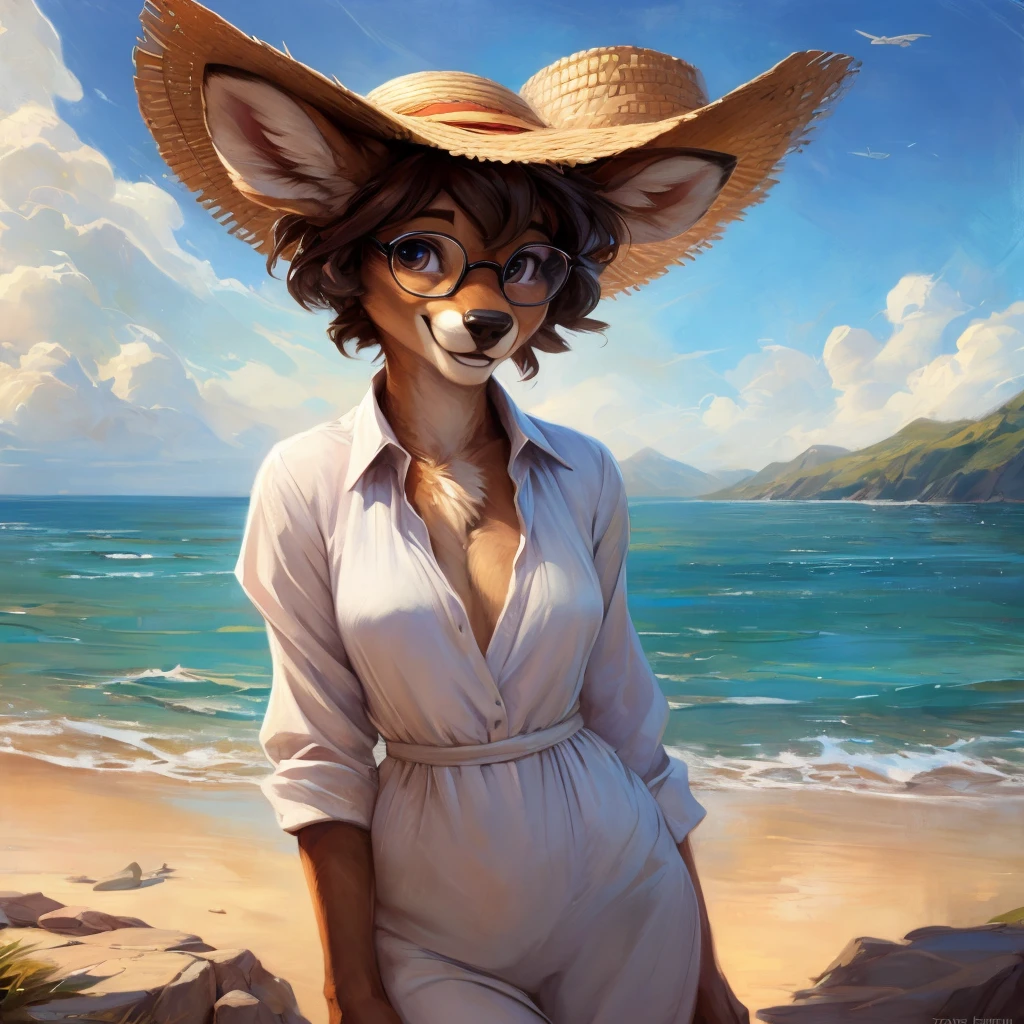 uploaded on e621, by Pixelsketcher, by Bayard Wu, by Thomas Benjamin Kennington , by Einshelm, by hioshiru and kenket, Chunie, portrait, solo anthro female deer doe, with small featureless breasts, clear dark blue, cinematic lighting, day, sunny day, beach, stays in the sea, sea background, mediterranean background, horizon background, shiny, short curly dark brown hair, wears big black nerd glasses, very very beautiful furry art, furry art, smiling, joyful, shiny, happy, feminine, cute face, muzzle, fluffy chest, flawless face, Fallow deer, 1girl, Sakimichan is beautiful, Masterpiece, Wavethesallow Face, shiny, Detailed image, portrait, Detailed image, portrait, full body, wearing wide, long, white blouse, wearing big and wide beige summer straw hat, shiny, realistic face, perfect anatomy, hourglass body, (furry body:1.1), anthropomorphic deer, looks at the viewer, small fluffy tail, detailed background, (cute anatomy:1.1), windy, smiling, very happy, happy

