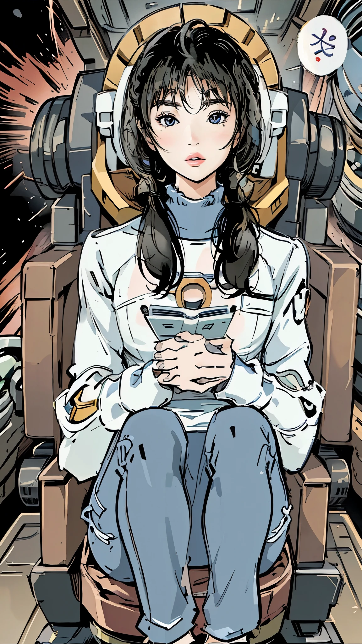 Comic Storyboard、Asian Women、22 years old、Spacesuit、Female body、Black Hair、In a space filled with psychedelic patterns、axial symmetry、Captivating appearance、Long Hair、Femdom、Anatomy correct、Sit in the cockpit、