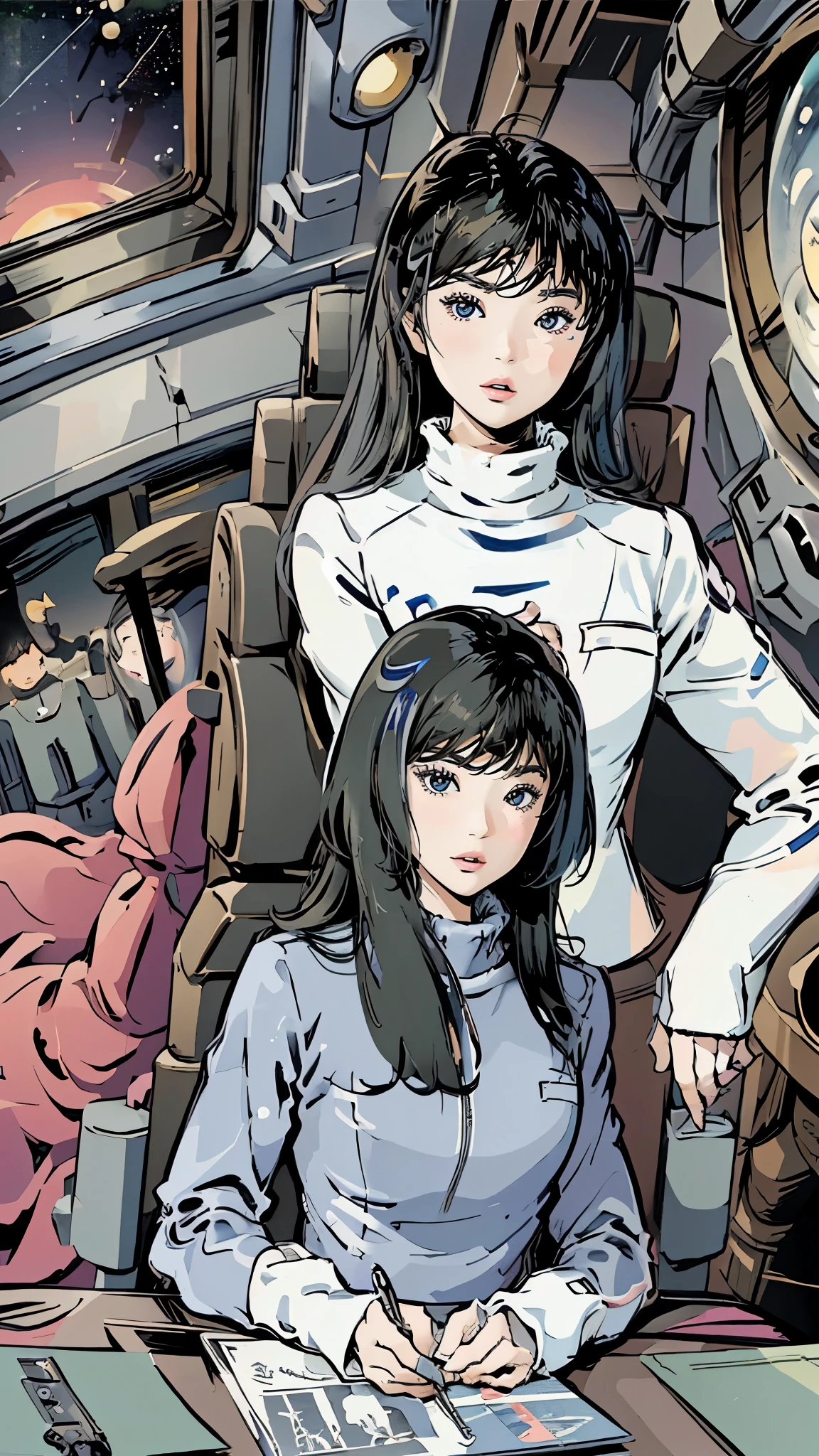 Comic Storyboard、Asian Women、22 years old、Spacesuit、Female body、Black Hair、In a space filled with psychedelic patterns、axial symmetry、Captivating appearance、Long Hair、Femdom、Anatomy correct、Sit in the cockpit、