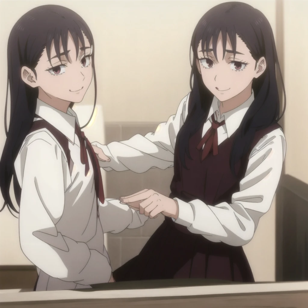 masterpiece,high quality,school,
looking at viewer,smile,
Honoka,1girl,
,VEST,collared shirt,Red ribbon,
Close-up, young woman, long wavy hair with light brown bangs, bright brown eyes, thesis clara (cold colors) and very feminine features, fine and pretty, subtle makeup and wears a small dark blue uniform. Smiling medium build, but curvy.