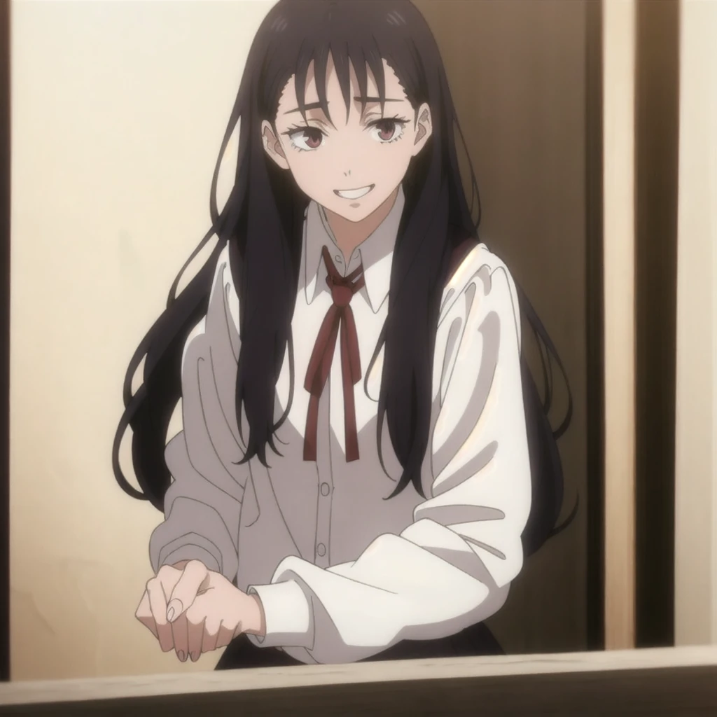 masterpiece,high quality,school,
looking at viewer,smile,
Honoka,1girl,
,VEST,collared shirt,Red ribbon,
Close-up, young woman, long wavy hair with light brown bangs, bright brown eyes, thesis clara (cold colors) and very feminine features, fine and pretty, subtle makeup and wears a small dark blue uniform. Smiling medium build, but curvy.