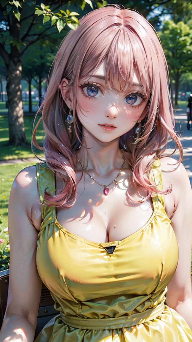 (Masterpiece, BestQuality:1.3), (ultra detailed:1.2), (hyperrealistic:1.3), (RAW photo:1.2), High detail RAW color photo, professional photograph, (Photorealistic:1.4), (realistic:1.4), (Pink Hair:1.5), professional lighting, perfect anatomy, (Big Breasts:1.2), (blush, detailed face), (cheerful Smile:1.5), Trending Hair&Trending Hairカラーをランダムに, earrings, necklace, bracelet, sexly, erotic sexly, Random sexy gravure poses, (A girl wearing a yellow casual dress、Enjoying a picnic in the park。: 1.3)