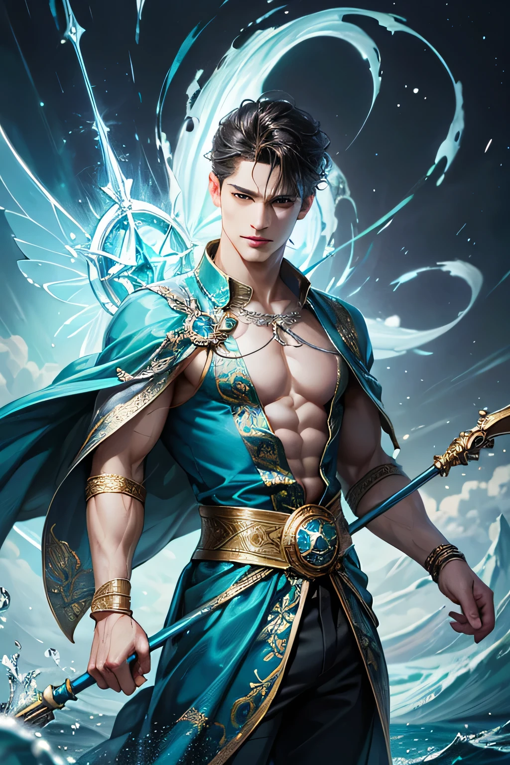 "Create an ultra-realistic image of a handsome, male fairy, around 43 years old. He should be holding a magical staff that emanates the energy of the water. Dress him in an elegant, varied aqua blue outfit that reflects the brilliance and dynamism of the water. Surround him with elements like swirling clouds and flashes of lightning to showcase his connection to these elements. Include a distinct water symbol or design on his body, signifying his role as the keeper of the deep water, and highlighting the powerful celestial energy he embodies within him."