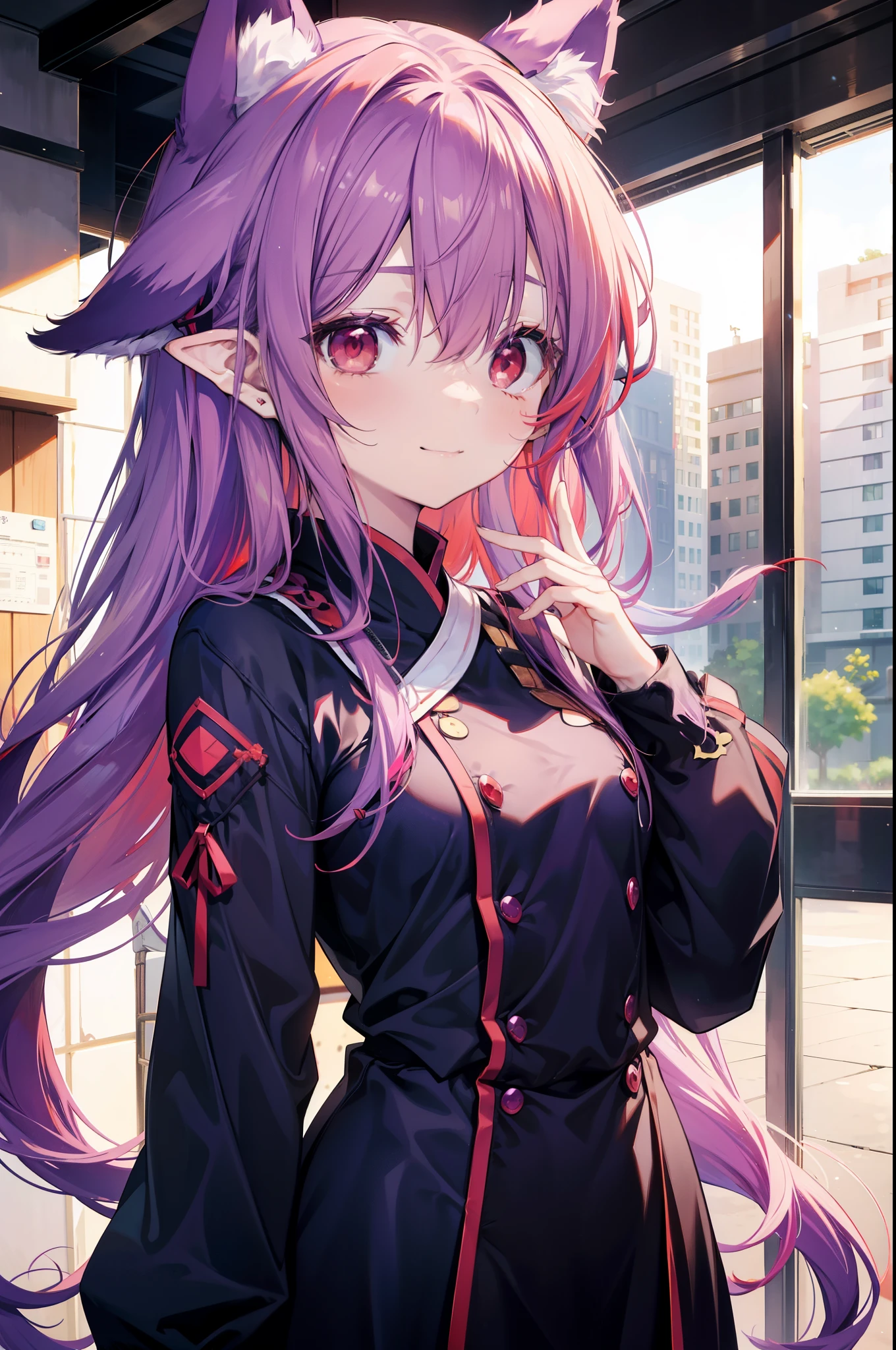 yuukikonno, Konno Yuuki, hair band, Long Hair, Pointed Ears, Purple Hair, (Red eyes:1.5), (Small breasts:1.2),smile,Dog Ears,Animal ears Dog's tail,Grin,Purple sleeveless dress、Cute Sandals,Put your right hand on your hip,Are standing,Daytime,whole bodyがイラストに入るように, break looking at viewer, whole body, break outdoors,countryside, break (masterpiece:1.2), Highest quality, High resolution, unity 8k wallpaper, (figure:0.8), (Detailed and beautiful eyes:1.6), Highly detailed face, Perfect lighting, Extremely detailed CG, (Perfect hands, Perfect Anatomy),チックなmorning日,morning,Extreme light,