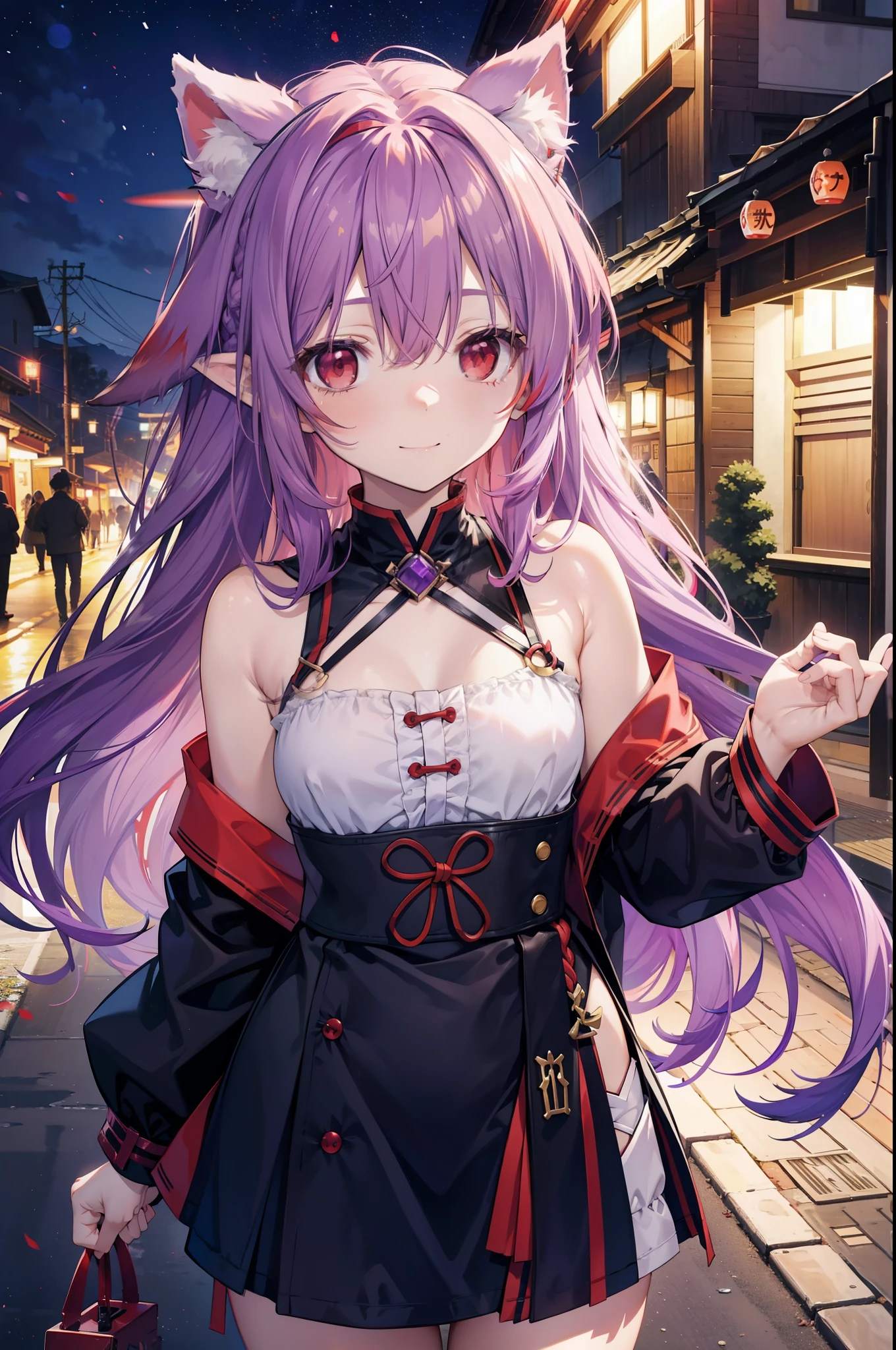 yuukikonno, Konno Yuuki, hair band, Long Hair, Pointed Ears, Purple Hair, (Red eyes:1.5), (Small breasts:1.2),smile,Dog Ears,Animal ears Dog's tail,Grin,Purple sleeveless dress、Cute Sandals,Put your right hand on your hip,Are standing,Daytime,whole bodyがイラストに入るように, break looking at viewer, whole body, break outdoors,countryside, break (masterpiece:1.2), Highest quality, High resolution, unity 8k wallpaper, (figure:0.8), (Detailed and beautiful eyes:1.6), Highly detailed face, Perfect lighting, Extremely detailed CG, (Perfect hands, Perfect Anatomy),チックなmorning日,morning,Extreme light,