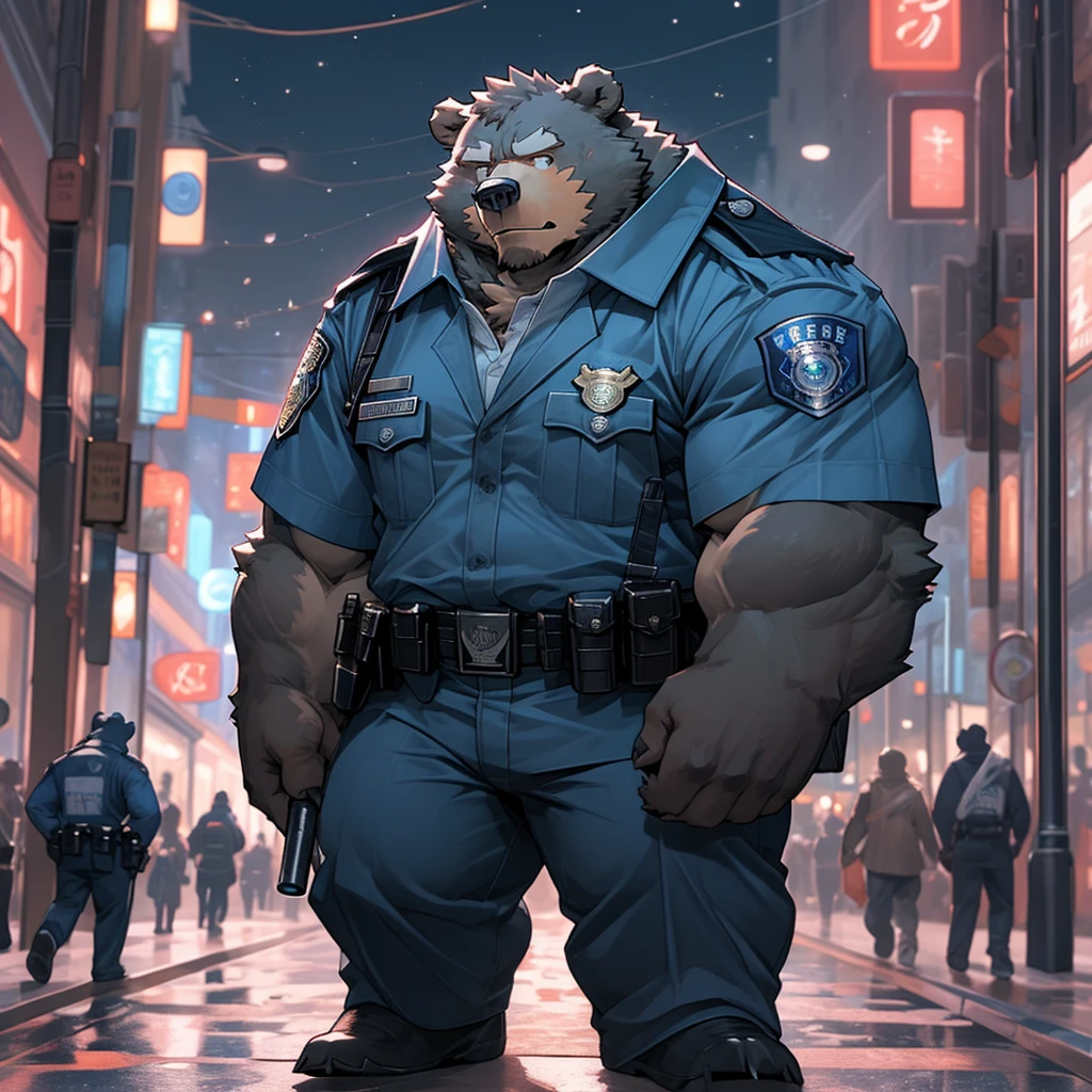 A muscular and strong police officer bear in uniform with a busy city pedestrian street in the background. A strong bear holding a baton.