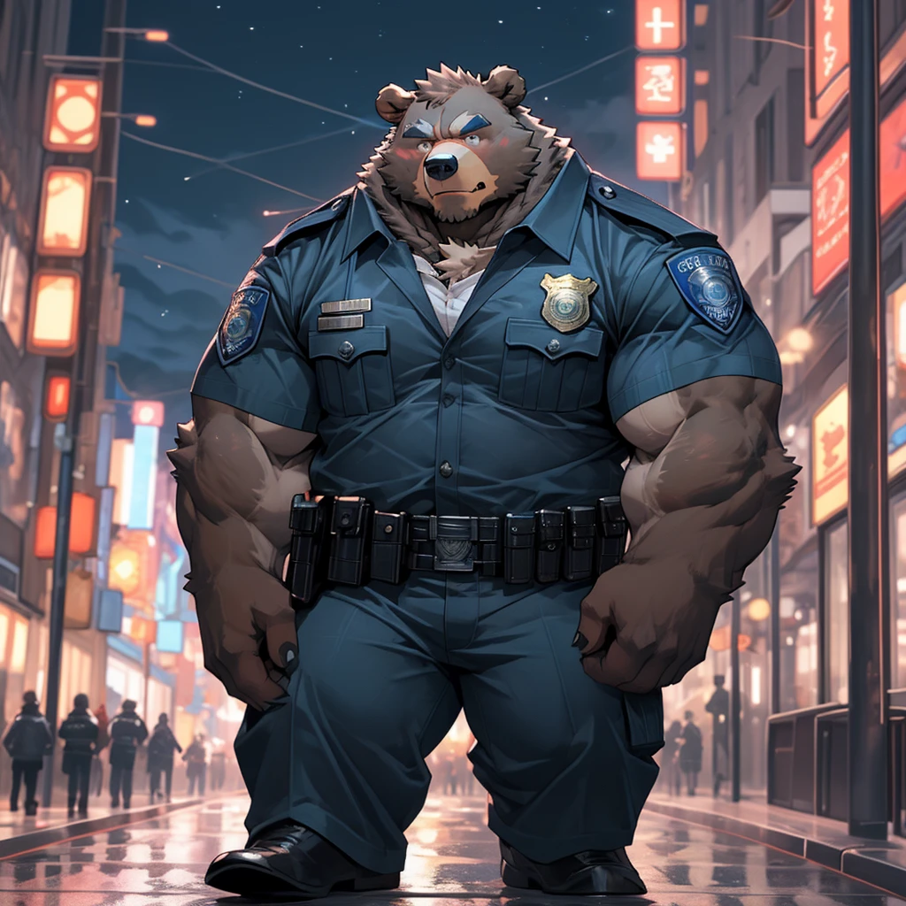 A muscular and strong police officer bear in uniform with a busy city pedestrian street in the background. A strong bear holding a baton.