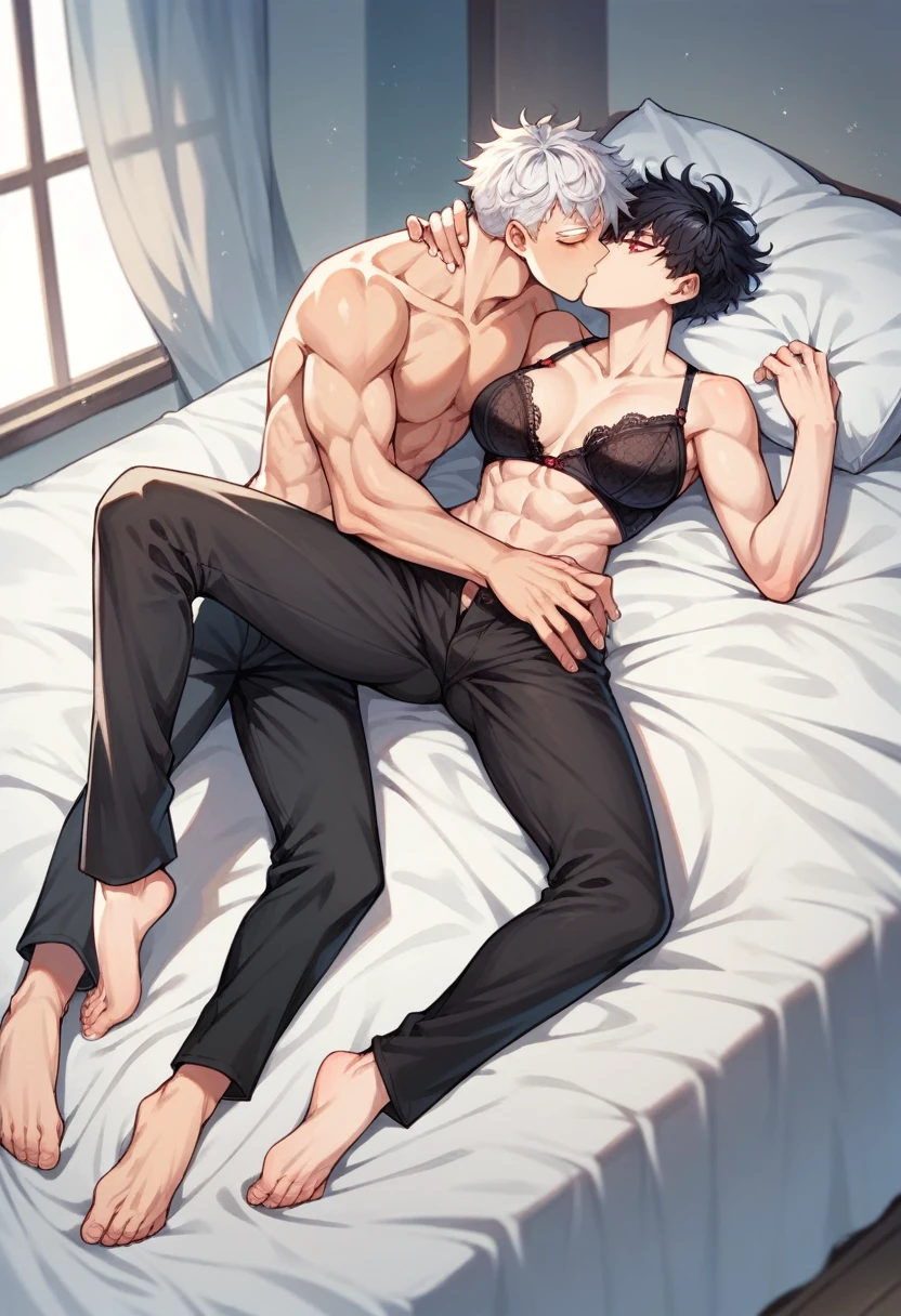1 girl, short, pixie cut, white hair, white eyelashes, purple eyes, Japanese, large breast, sexy, full body, lingerie, 1 boy, long black hair, messy hair, tall, red eyes, muscular, black pants, kissing, in bed