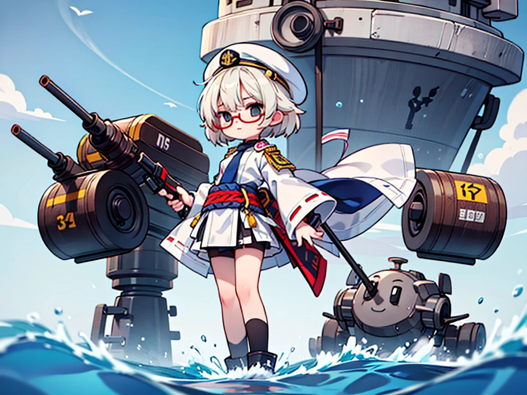 (((masterpiece, Vision))), ((((Full body of a woman with perfect flat chest、1 Female、solo、Short unkempt black hair、Tie your messy hair at the nape of your neck、white military jacket、Miko costume、black tights、Black glasses、White military cap、Cloudy black eyes、Confused eyes、Junyo-inspired emblem)))), (((Shipgirl))), ((Floating on the morning sea with both feet)), (Standing with your legs apart), (Hold the shotgun turret grip with your right hand), (A mechanical arm extending from the waist is used to attach a turret), (Equipped with a turret on the back), (His left arm holds the grip of a triple machine gun), Shotgun shell in left arm, Bullet belt on thigh, Spreading the Machine's Wings, 2. Machine Tail, 背景に3Shipgirl,