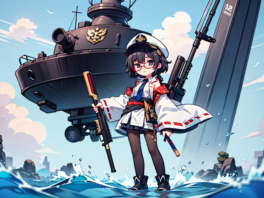 (((masterpiece, Vision))), ((((Full body of a woman with perfect flat chest、1 Female、solo、Short unkempt black hair、Tie your messy hair at the nape of your neck、white military jacket、Miko costume、black tights、Black glasses、White military cap、Cloudy black eyes、Confused eyes、Junyo-inspired emblem)))), (((Shipgirl))), ((Floating on the morning sea with both feet)), (Standing with your legs apart), (Hold the shotgun turret grip with your right hand), (A mechanical arm extending from the waist is used to attach a turret), (Equipped with a turret on the back), (His left arm holds the grip of a triple machine gun), Shotgun shell in left arm, Bullet belt on thigh, Spreading the Machine&#39;s Wings, 2. Machine Tail, 背景に3Shipgirl, 