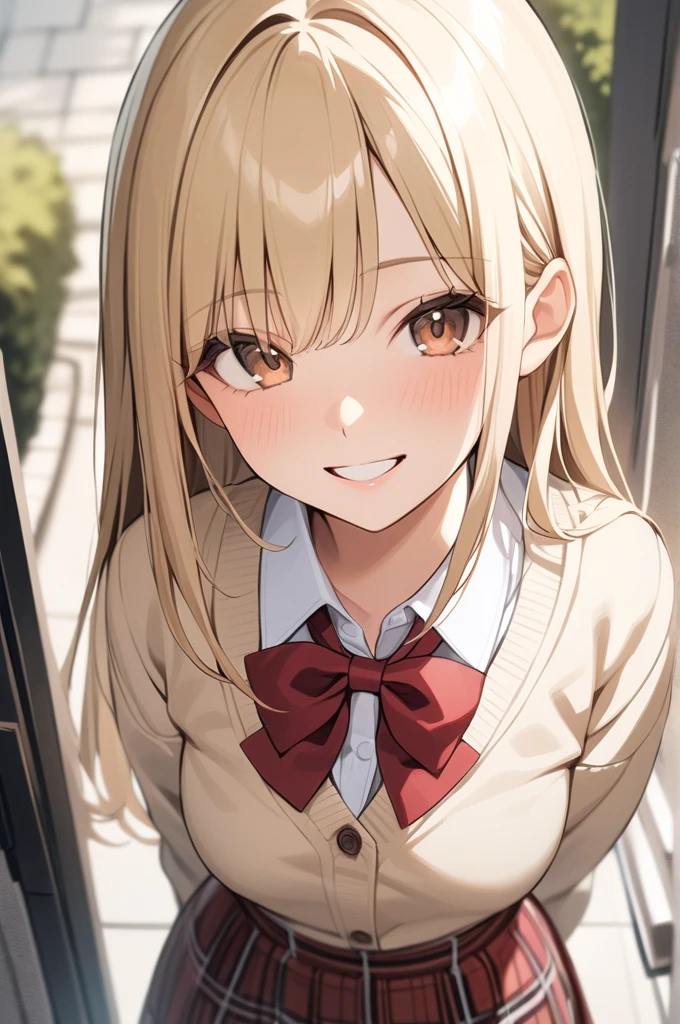 Beautiful sexy 1girl, blonde hair, (straight hair), bangs on one side, head tilt, (waist), light brown cardigan, plaid skirt, red bowtie, arms behind back, looking at viewer, happy smile, entrance, outdoor, from above, 20 yo, (depth of field), masterpiece, best quality