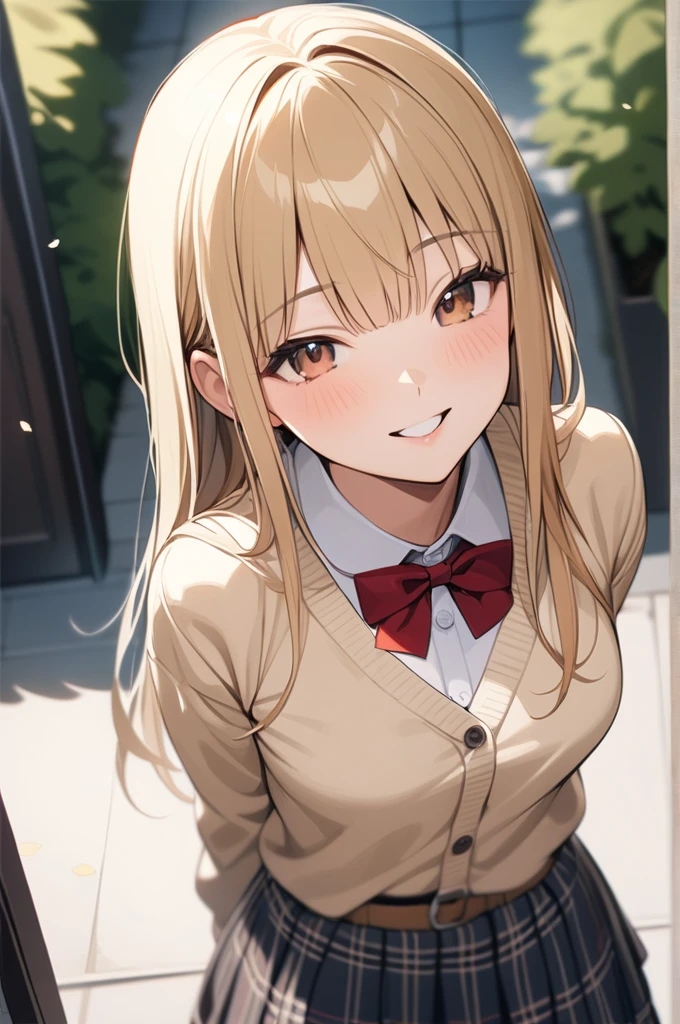Beautiful sexy 1girl, blonde hair, (straight hair), bangs on one side, head tilt, (waist), light brown cardigan, plaid skirt, red bowtie, arms behind back, looking at viewer, happy smile, entrance, outdoor, from above, 20 yo, (depth of field), masterpiece, best quality