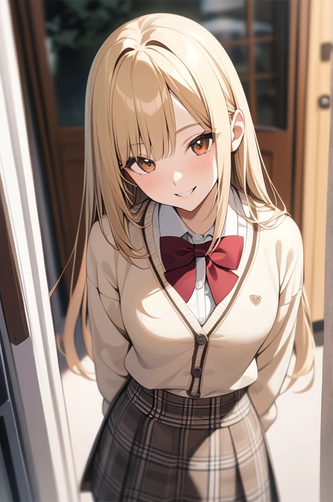 Beautiful sexy 1girl, blonde hair, (straight hair), bangs on one side, head tilt, (waist), light brown cardigan, plaid skirt, red bowtie, arms behind back, looking at viewer, happy smile, entrance, outdoor, from above, 20 yo, (depth of field), masterpiece, best quality
