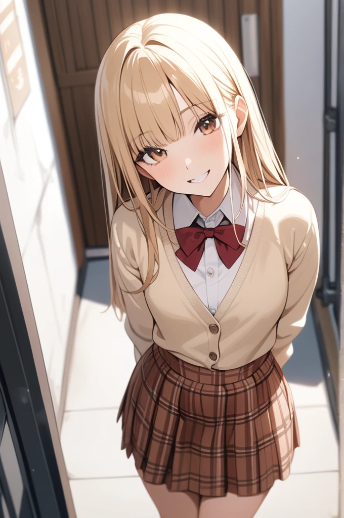 Beautiful sexy 1girl, blonde hair, (straight hair), bangs on one side, head tilt, (waist), light brown cardigan, plaid skirt, red bowtie, arms behind back, looking at viewer, happy smile, entrance, outdoor, from above, 20 yo, (depth of field), masterpiece, best quality