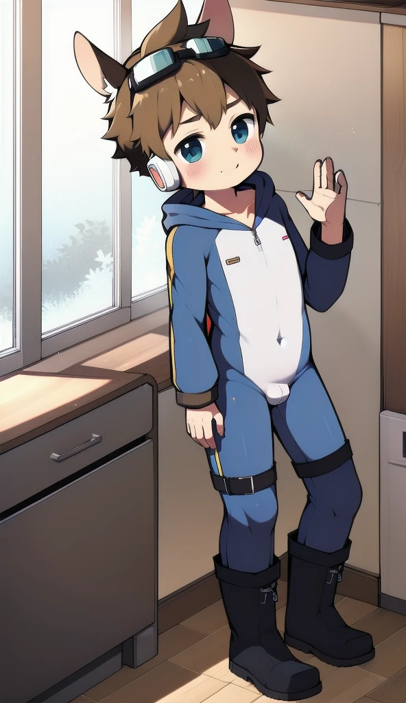 2D Boy Shota,One-piece mountaineering suit,Slim, healthy body,Put the headphones on your head,stand up,goggles,Rabbit ears,happy,Sailor collar,tie,Zipper pulled down,boots,hood,classroom,Raise your hands