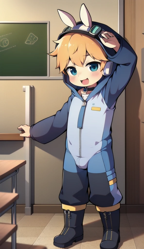 2D Boy Shota,One-piece mountaineering suit,Slim, healthy body,Put the headphones on your head,stand up,goggles,Rabbit ears,happy,Sailor collar,tie,Zipper pulled down,boots,hood,classroom,Raise your hands