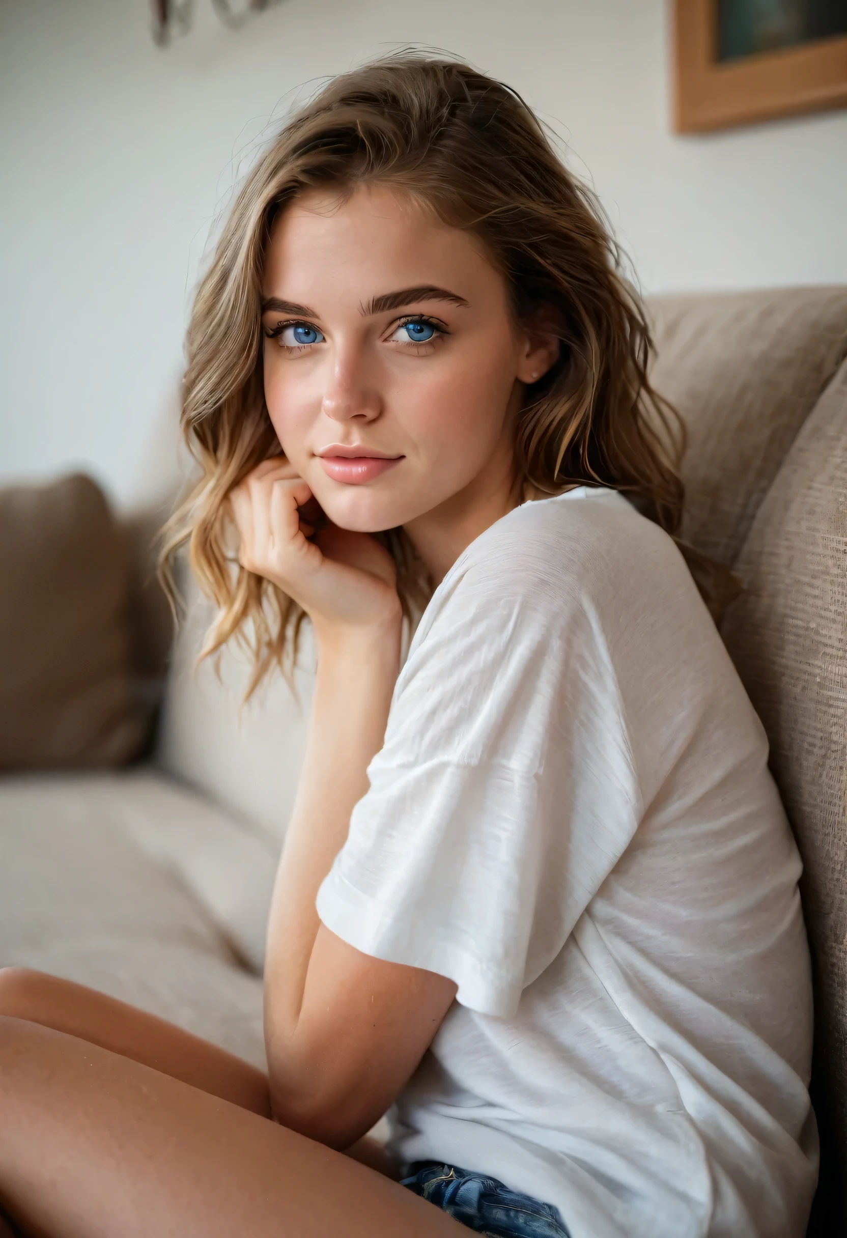 core_9, score_8_up, score_7_up, score_6_up, beautiful woman, cute face, shy, kinky smile, extreme ultra detailed perfect eyes, blue eyes , 20yo, nose blush, loose-fitting short sleeves, sitting in a couch, (head tilted) ,(holds her head with her arm), eyes contact, lot of desire for the viewer, side portrait , face focus , pov , indoor, inside home, in living room, ,RAW photo,realistic,volumetric lighting, depth of field,cinematic,close-up