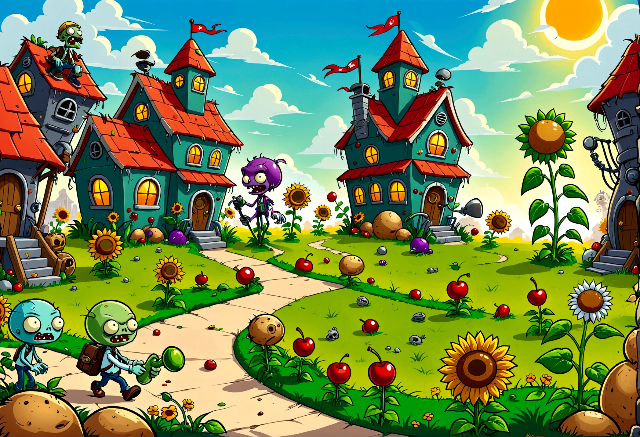 A screen shot showing a gaming video on the popular video-sharing platform,The game being played is a vivid fictional action-adventure game Plants vs. Zombies,背景是一个充满Various strange plants and zombies的详细幻想世界,Various strange plants and zombies,Pea shooter,Potato mines,sunflower,Cherry Bomb,Chomper,Gatling Peas,Flag zombies,Plants vs. Zombies game screen image,Strategy tower defense game,Colorful plants and zombies,Vivid colors,Bright and cheerful mood,Cartoon Style,Detailed background,Weird and quirky characters,Immersive game scene,Wide landscape perspective,Playful and whimsical design