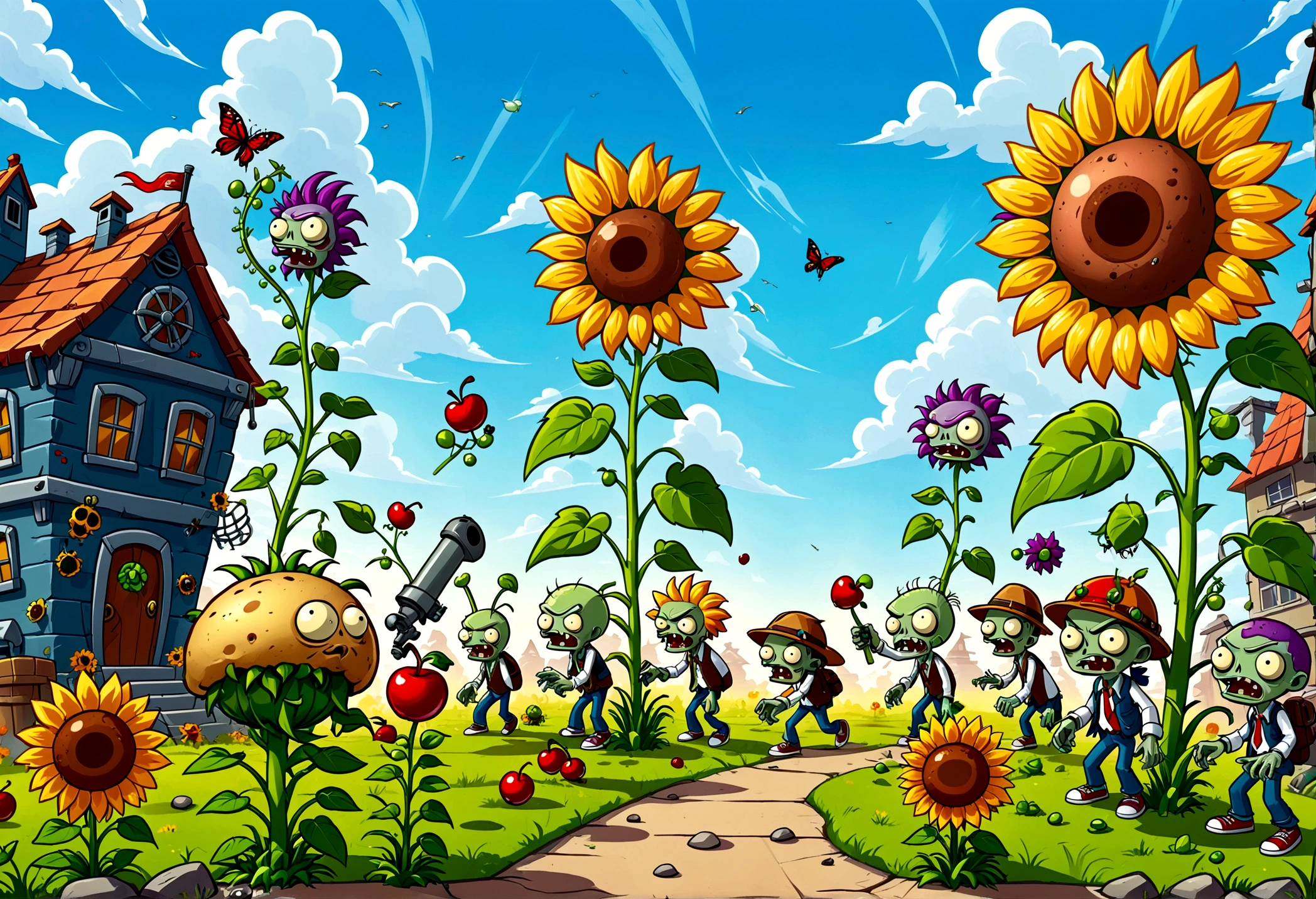 A screen shot showing a gaming video on the popular video-sharing platform，The game being played is a vivid fictional action-adventure game Plants vs. Zombies，背景是一个充满Various strange plants and zombies的详细幻想世界，Various strange plants and zombies，Pea shooter，Potato mines，sunflower，Cherry Bomb，Chomper，Gatling Peas，Flag zombies，Plants vs. Zombies game screen image，Strategy tower defense game，Colorful plants and zombies，Vivid colors，Bright and cheerful mood，Cartoon Style，Detailed background，Weird and quirky characters，Immersive game scene，Wide landscape perspective，Playful and whimsical design
