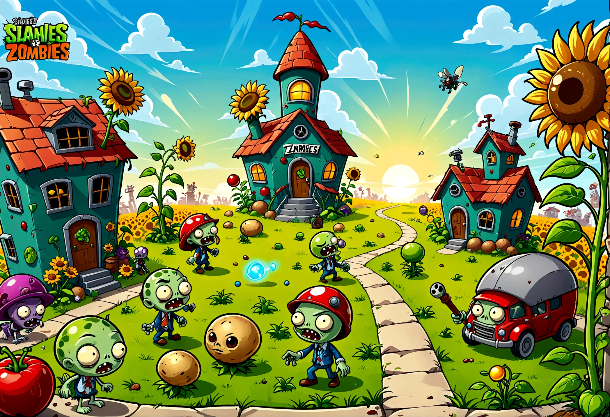 A screen shot showing a gaming video on the popular video-sharing platform,The game being played is a vivid fictional action-adventure game Plants vs. Zombies,背景是一个充满Various strange plants and zombies的详细幻想世界,Various strange plants and zombies,Pea shooter,Potato mines,sunflower,Cherry Bomb,Chomper,Gatling Peas,Flag zombies,Plants vs. Zombies game screen image,Strategy tower defense game,Colorful plants and zombies,Vivid colors,Bright and cheerful mood,Cartoon Style,Detailed background,Weird and quirky characters,Immersive game scene,Wide landscape perspective,Playful and whimsical design