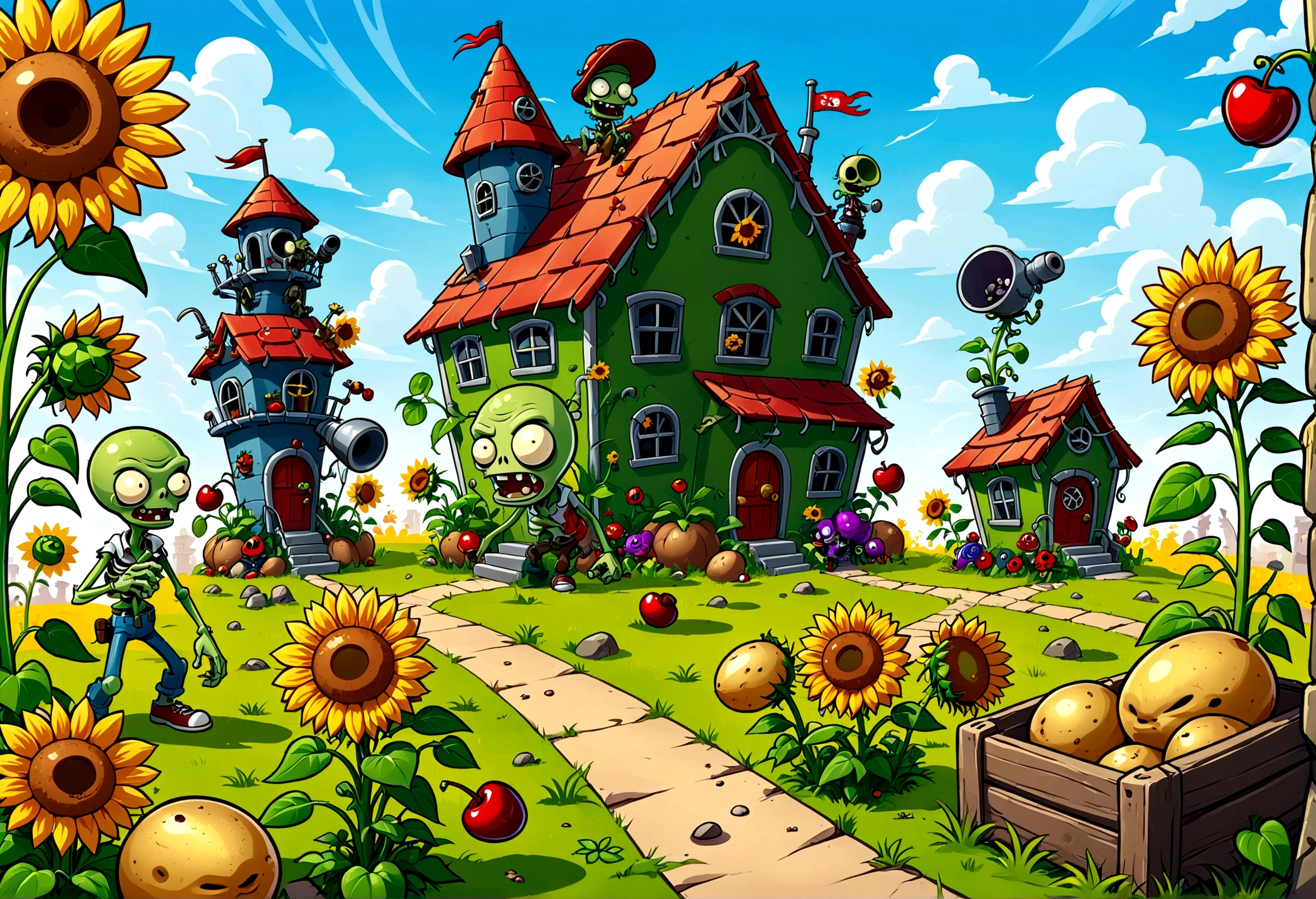 A screen shot showing a gaming video on the popular video-sharing platform,The game being played is a vivid fictional action-adventure game Plants vs. Zombies,背景是一个充满Various strange plants and zombies的详细幻想世界,Various strange plants and zombies,Pea shooter,Potato mines,sunflower,Cherry Bomb,Chomper,Gatling Peas,Flag zombies,Plants vs. Zombies game screen image,Strategy tower defense game,Colorful plants and zombies,Vivid colors,Bright and cheerful mood,Cartoon Style,Detailed background,Weird and quirky characters,Immersive game scene,Wide landscape perspective,Playful and whimsical design