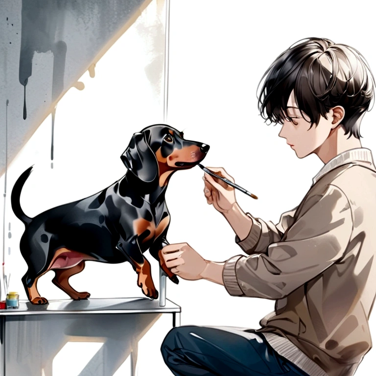 Stylish graffiti-style paint watercolor art, lightly dressed Korean actor playing with a silver dapple miniature dachshund, paint color