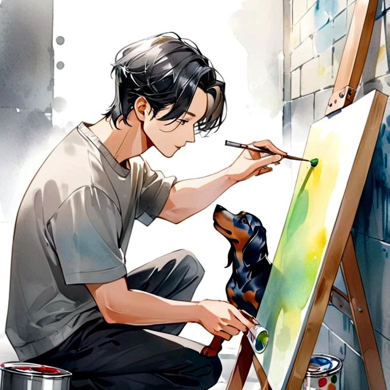 Stylish graffiti-style paint watercolor art, lightly dressed Korean actor playing with a silver dapple miniature dachshund, paint color