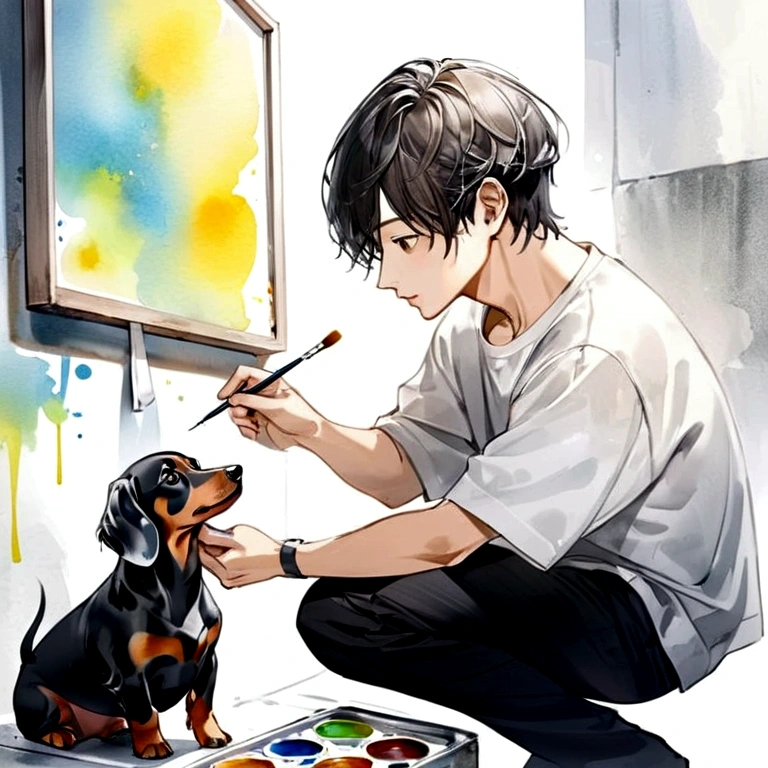 Stylish graffiti-style paint watercolor art, lightly dressed Korean actor playing with a silver dapple miniature dachshund, paint color