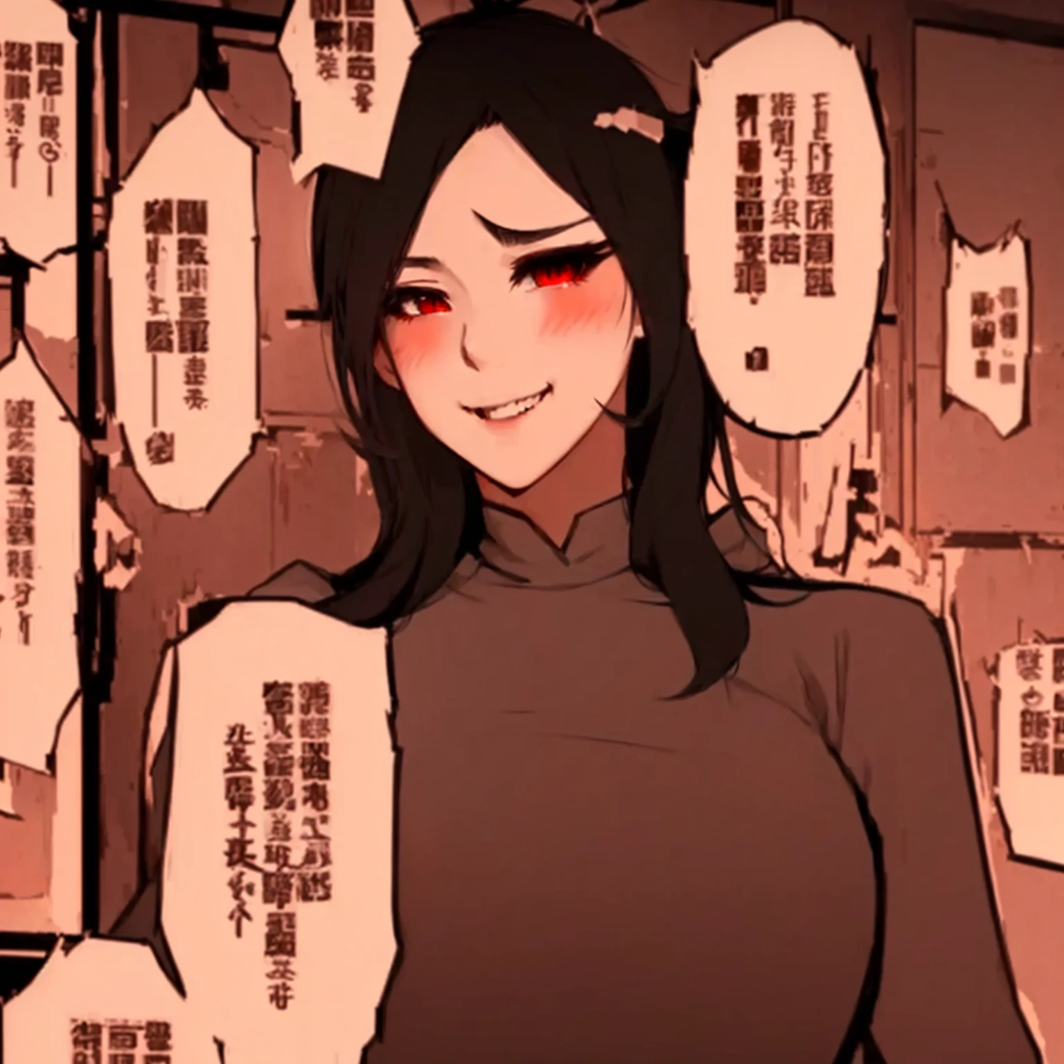 anime girl with black hair and red eyes in front of a wall of signs, by Shingei, Hungry Ghost Festival, by Shitao, Wang Chen, negao, Guweiz, doujin, artwork in the style of guweiz, machiavellian smile, sweatshirt, busty,