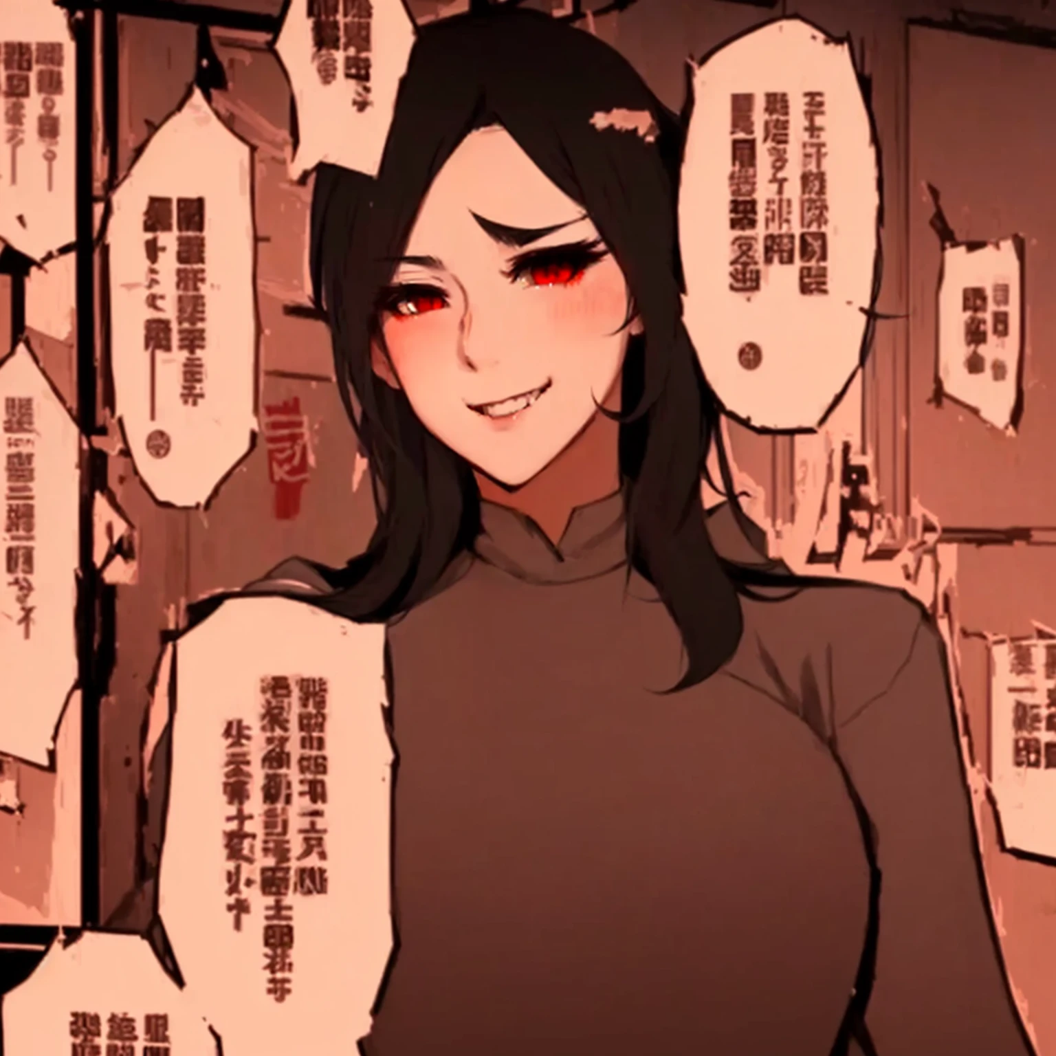 anime girl with black hair and red eyes in front of a wall of signs, by Shingei, Hungry Ghost Festival, by Shitao, Wang Chen, negao, Guweiz, doujin, artwork in the style of guweiz, machiavellian smile, sweatshirt, busty,