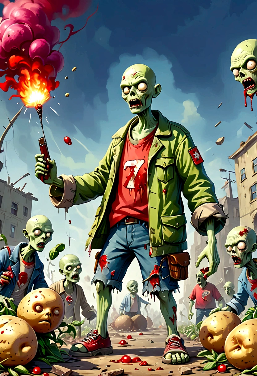 Plant Wars. Zombies，Defense War Game，Fear，bloody，old，Zombies，Violence，Pea shooter，Potato mine explosion，Ragged clothes，Exaggerated art illustration，