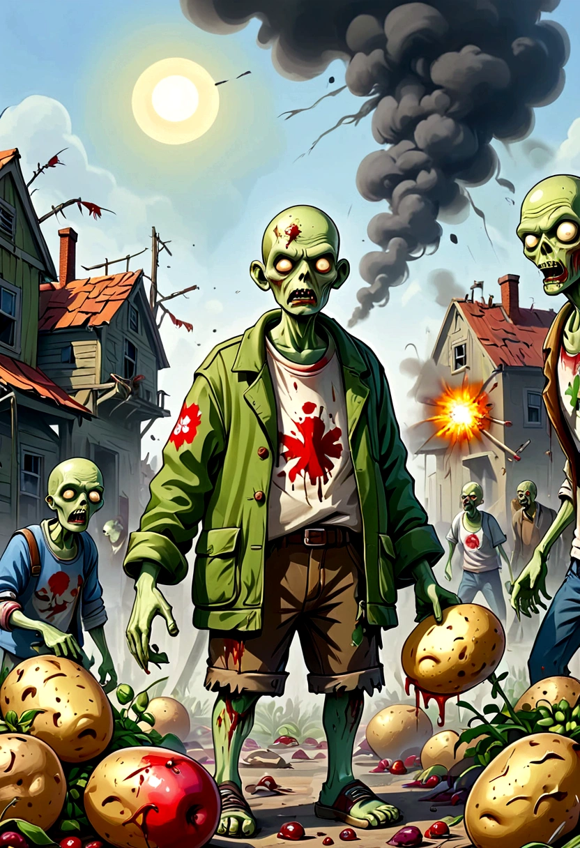 Plant Wars. Zombies,Defense War Game,Fear,bloody,old,Zombies,Violence,Pea shooter,Potato mine explosion,Ragged clothes,Exaggerated art illustration,