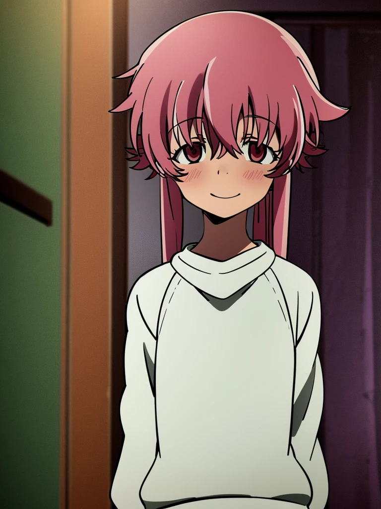 Yuno Gasai wearing a white comfy sweater, standing, casual, smiling softly, blushes, shy