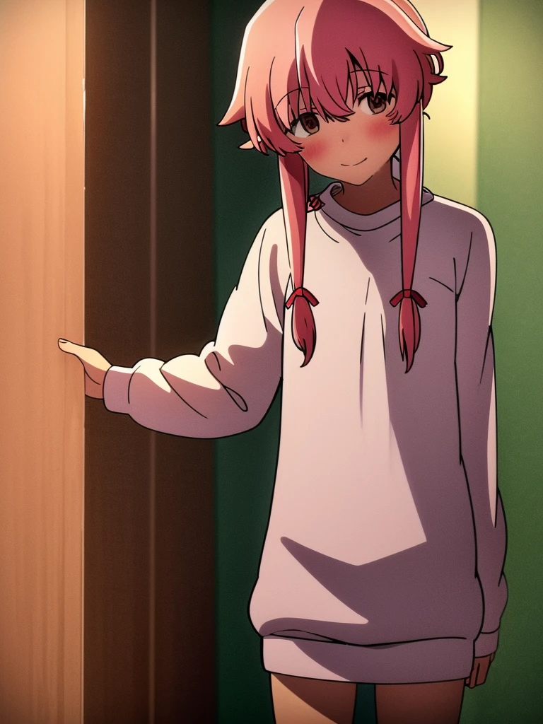 Yuno Gasai wearing a white comfy sweater, standing, casual, smiling softly, blushes, shy