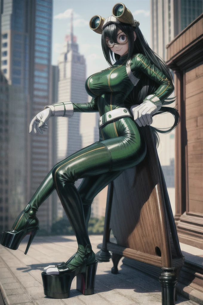 (masterpiece, best quality;1.3), extremely detailed ,ultra detailed, 1girl, solo,  looking at viewer,detailed skin,  crawling, full body, standing, asui tsuyu, low-tied long hair, :p,white gloves, green bodysuit, hair rings,goggles, city, extra large breasts, visible feet, tall open-toe platform high heels