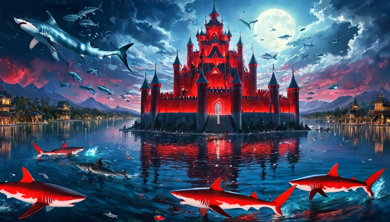 Fantasy art, At night, the lake turns blood red and a shining white tower stands in the middle of the clear lake. Fluorescent great white sharks fly around the tower.、 The surrounding space itself becomes a giant water castle., Beautiful light decoration, Wide Shot, Realistic, Epic shots, Detailed Buildings, Detailed colorful fish