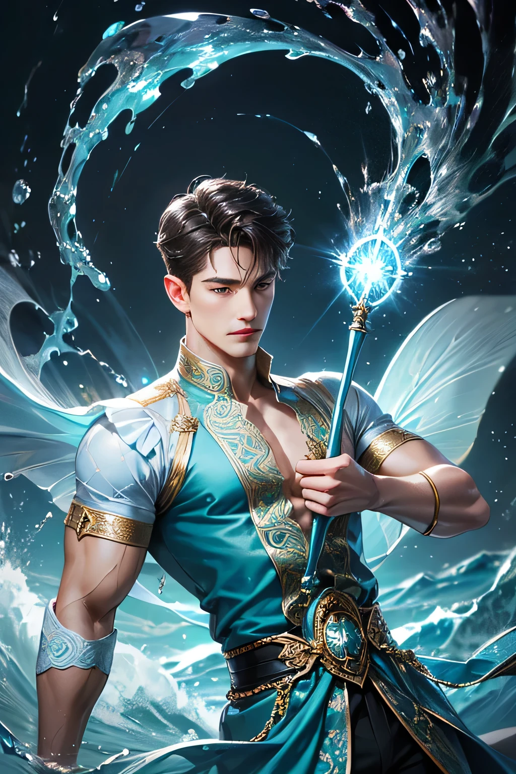 "Create an ultra-realistic image of a handsome, male fairy, around 43 years old. He should be holding a magical staff that emanates the energy of the water. Dress him in an elegant, varied aqua blue outfit that reflects the brilliance and dynamism of the water. Surround him with elements like swirling clouds and flashes of lightning to showcase his connection to these elements. Include a distinct water symbol or design on his body, signifying his role as the keeper of the deep water, and highlighting the powerful celestial energy he embodies within him."