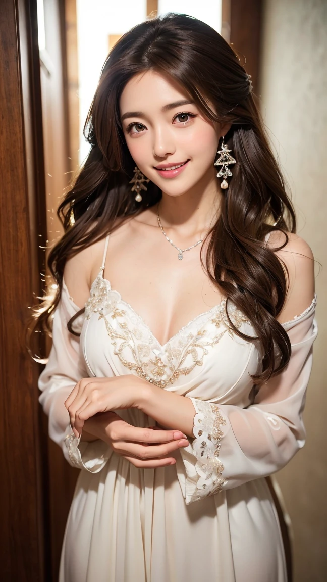 ((Kumiko Goto:1.3))Beautiful detailed face、Pale skin、Realistic glowing skin、Detailed cloth texture、Detailed hair texture、Perfect body、Beautiful Face、correct、Anatomically correct、 Highly detailed face and skin texture、Natural neck length、(Beautiful Hands)、(Fair skin:1.2)、Thin legs、Thin legs、 break 細かい目元、Symmetrical eyes、Light brown eyes、double eyelid、Thin eyebrows、(Glossy Lips:1.4)、((Gentle smile:1.2))、(blush:1.1)、 break (Elegant and cute girl:1.3)、Medium-sized large breasts、(Slim body type:1.1)、Toned Abs、Beautiful clavicle、 (Dark Blonde、Wavy Hair、Long Hair:1.2)、(Cowboy Shot:1.2)、Flowing white dress decorated with intricate silver embroidery_long sleeve_Thin、full figure supermodel standing, entire body in frame、standing gracefully、gold necklace＿Large earrings,fullbody shot、((A shy smile:1.3)),while walking down the hallway、running over here at a slight jog、smile_Running towards here_long flowing hair
