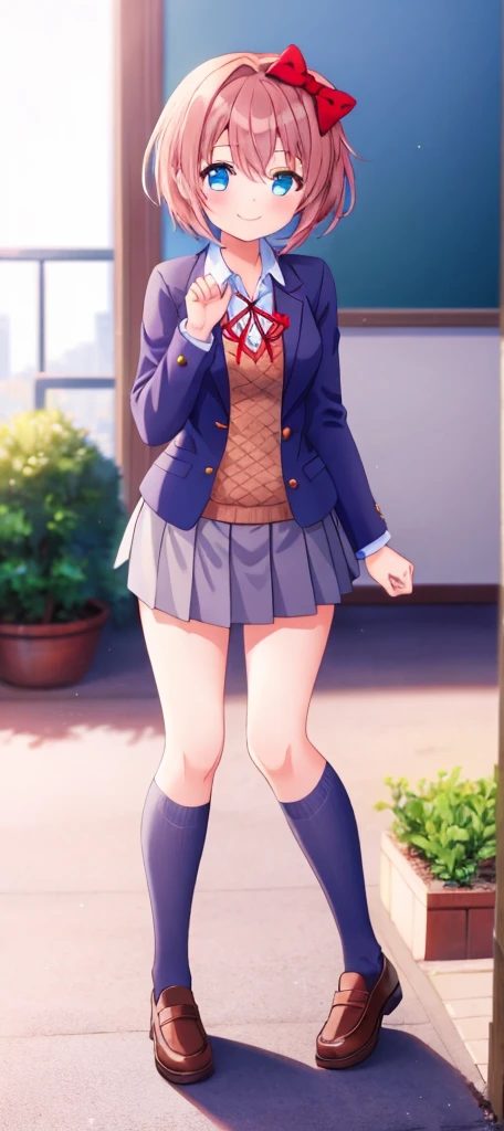 one girl, Sayori, DDLC, school blazer, hair bow, close to girl, too gentle, blue eyes, she is always smiling, full body, lovely pose, she looks proudly