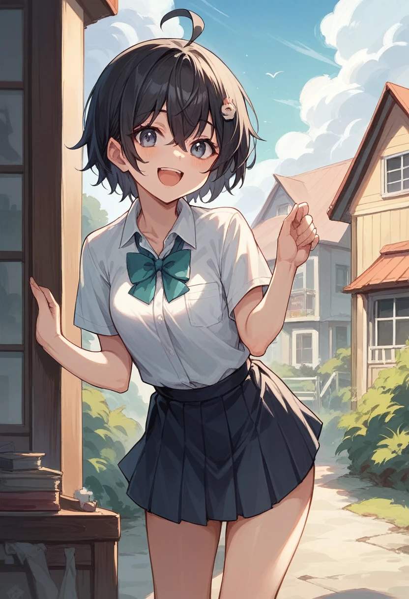 japanese,school garl,nsfw,happy, looking at viewer, ahoge, black hair, mini skirt, in the house, stand,