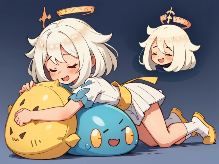 (1 girl) , tender, Sleeping, happy, lying down, kitchen background, White hair, round slime pillow, golden halo, long white dress, slime, 