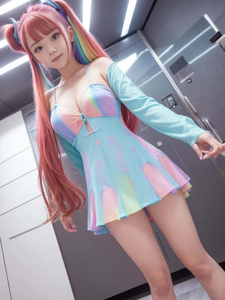 Cute redhead, gravure Idol, with rainbow colored hair tips, ribbons in her hair, 18-year-old woman, happy, in twin tails, perfect symmetrical eyes, clear sparkling blue eyes, pale skin, silky smooth skin, standing on a fancy luxurious space ship, large futuristic corridor, control panels, wood trim, decorative plants, warm lighting, wearing a futuristic  dress, pleated (chemise) mini dress (pastel rainbow colors, and polka dots), wearing full body pantyhose, cute short cut booties.