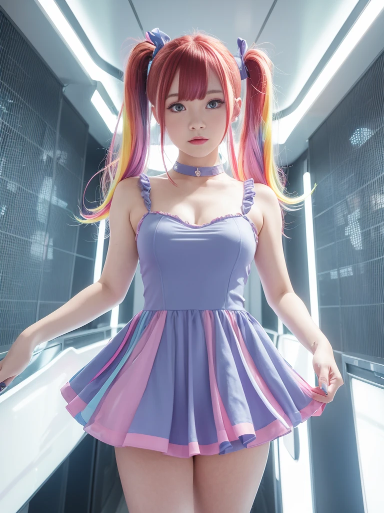 Cute redhead, gravure Idol, with rainbow colored hair tips, ribbons in her hair, 18-year-old woman, happy, in twin tails, perfect symmetrical eyes, clear sparkling blue eyes, pale skin, silky smooth skin, standing on a fancy luxurious space ship, large futuristic corridor, control panels, wood trim, decorative plants, warm lighting, wearing a futuristic  dress, pleated (chemise) mini dress (pastel rainbow colors, and polka dots), wearing full body pantyhose, cute short cut booties.